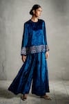 Shop_Charkhee_Blue Velvet Embroidery, Sequins Round Neck Top And Palazzo Co-ord Set _Online_at_Aza_Fashions