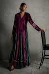 Buy_Charkhee_Purple Velvet Embroidery V-neck Contrast Kalis Wrap Maxi Dress 