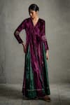 Buy_Charkhee_Purple Velvet Embroidery V-neck Contrast Kalis Wrap Maxi Dress _at_Aza_Fashions