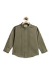 Tiber Taber_Olive Green Cotton Pintuck Detail Band Collar Shirt _Online_at_Aza_Fashions
