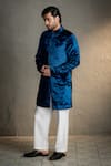 Charkhee Blue Velvet, Cotton, Poplin Embroidery Bandhgala And Trouser Set at Aza Fashions Charkhee_Blue Velvet, Cotton, Poplin Embroidery Bandhgala And Trouser Set _at_Aza_Fashions