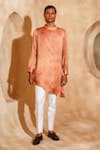 Buy_Chatenya Mittal_Peach Modal, Satin Pintuck Asymmetric Kurta Set _at_Aza_Fashions