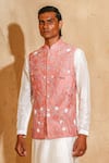Buy_Chatenya Mittal_Pink Silk Embroidery, Beads Bird Motif Nehru Jacket And Kurta Set _Online_at_Aza_Fashions