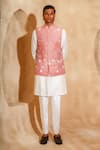 Buy_Chatenya Mittal_Pink Silk Embroidery, Beads Bird Motif Nehru Jacket And Kurta Set _at_Aza_Fashions