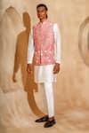 Shop_Chatenya Mittal_Pink Silk Embroidery, Beads Bird Motif Nehru Jacket And Kurta Set _Online_at_Aza_Fashions