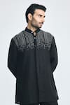 Shop_Project Bandi_Black Cotton, Linen Embroidery Outlaw Cutdana Hand Short Kurta _Online_at_Aza_Fashions