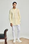 Shop_Project Bandi_Yellow Cotton, Linen Embroidery Brotherhood Cutdana Hand Short Kurta _at_Aza_Fashions