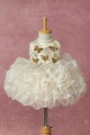 Buy_Ruchika Lath Label_Off White Organza Applique, Sequins, Pearls, Fabric Flowers Ruffled Dress _at_Aza_Fashions