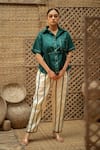 Buy_Vaani Beswal_Green Cotton Embroidery Gurleen Contrast Stitch Shirt And Striped Pant Set _at_Aza_Fashions