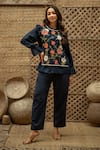 Buy_Vaani Beswal_Navy Cotton Applique, Sequins, Beads, Embroidery Fariah Floral Shirt Pant Set _at_Aza_Fashions
