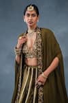 RICHA AHLUWALIA_Olive Green Velvet, Silk Sequins, Zari, Zardozi And Lehenga Set With Cape _Online_at_Aza_Fashions