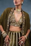 Shop_RICHA AHLUWALIA_Olive Green Velvet, Silk Sequins, Zari, Zardozi And Lehenga Set With Cape _Online_at_Aza_Fashions