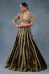 RICHA AHLUWALIA_Olive Green Velvet, Silk Sequins, Zari, Zardozi And Lehenga Set With Cape _at_Aza_Fashions