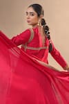 Shop_RICHA AHLUWALIA_Red Chanderi Silk, Chanderi, Cotton Satin Zardozi Jacket Anarkali Set _at_Aza_Fashions