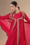 Buy_RICHA AHLUWALIA_Red Chanderi Silk, Chanderi, Cotton Satin Zardozi Jacket Anarkali Set _Online_at_Aza_Fashions