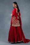 Shop_RICHA AHLUWALIA_Red Chanderi Embroidery, Zari V-neck Thread And Zardozi Sharara Set _at_Aza_Fashions