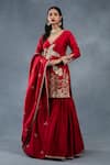RICHA AHLUWALIA_Red Chanderi Embroidery, Zari V-neck Thread And Zardozi Sharara Set _Online_at_Aza_Fashions