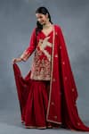 Buy_RICHA AHLUWALIA_Red Chanderi Embroidery, Zari V-neck Thread And Zardozi Sharara Set _at_Aza_Fashions