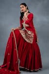 Shop_RICHA AHLUWALIA_Red Chanderi Embroidery, Zari V-neck Thread And Zardozi Sharara Set _Online_at_Aza_Fashions