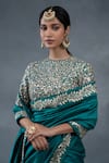RICHA AHLUWALIA_Teal Chanderi Embroidery, Metallic Thread, Saree With Dabka And Pitta Work Blouse _Online_at_Aza_Fashions