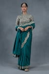 Buy_RICHA AHLUWALIA_Teal Chanderi Embroidery, Metallic Thread, Saree With Dabka And Pitta Work Blouse _at_Aza_Fashions