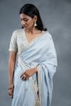 RICHA AHLUWALIA_Sky Blue Chanderi Gota Patti, Zari, Embroidery V-neck Saree And Padded Blouse _Online_at_Aza_Fashions