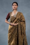 Shop_RICHA AHLUWALIA_Gold Velvet, Silk Embroidery, Metallic Thread, Zari Tissue Hand Saree And Blouse _at_Aza_Fashions