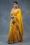 RICHA AHLUWALIA_Mustard Chanderi Embroidery, Zari Sweetheart Neck Silk Saree With Silver Buti _Online_at_Aza_Fashions