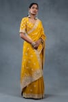 Buy_RICHA AHLUWALIA_Mustard Chanderi Embroidery, Zari Sweetheart Neck Silk Saree With Silver Buti _Online_at_Aza_Fashions