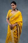 RICHA AHLUWALIA_Mustard Chanderi Embroidery, Zari Sweetheart Neck Silk Saree With Silver Buti _at_Aza_Fashions