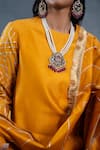 Shop_RICHA AHLUWALIA_Mustard Chanderi Gota Patti, Fringe Round Neck Stripe Kurta Palazzo Set _Online_at_Aza_Fashions