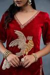RICHA AHLUWALIA_Red Velvet, Silk, Organza Bird Kurta Set With Patiyala Salwar And Dupatta _Online_at_Aza_Fashions