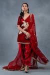 Buy_RICHA AHLUWALIA_Red Velvet, Silk, Organza Bird Kurta Set With Patiyala Salwar And Dupatta _at_Aza_Fashions