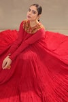 RICHA AHLUWALIA_Red Zari, Embroidery Round Neck Crinkled Mulmul Jalabiya With Zardozi Yoke _Online_at_Aza_Fashions
