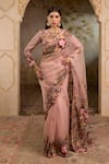 Buy_RICHA AHLUWALIA_Blush Organza, Satin, Mughal Floral Thread And Zardozi Saree Set _at_Aza_Fashions