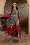 RICHA AHLUWALIA_Turquoise Chanderi , Cotton, Printed Anarkali With Dupatta And Churidar _at_Aza_Fashions