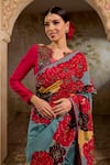 Buy_RICHA AHLUWALIA_Turquoise Silk Organza, Chanderi Silk, Satin Floral Motif Saree With Zardozi And _Online_at_Aza_Fashions