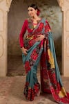 Shop_RICHA AHLUWALIA_Turquoise Silk Organza, Chanderi Silk, Satin Floral Motif Saree With Zardozi And _Online_at_Aza_Fashions