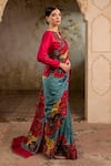 Shop_RICHA AHLUWALIA_Turquoise Silk Organza, Chanderi Silk, Satin Floral Motif Saree With Zardozi And _at_Aza_Fashions