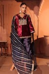 Buy_RICHA AHLUWALIA_Maroon Velvet, Silk, Organza Embroidery, Zari V-neck Dabka Pitta Kurta Set _at_Aza_Fashions