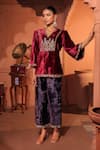 Buy_RICHA AHLUWALIA_Maroon Velvet, Silk, Organza Embroidery, Zari V-neck Dabka Pitta Kurta Set _Online_at_Aza_Fashions