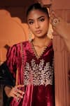 RICHA AHLUWALIA_Maroon Velvet, Silk, Organza Embroidery, Zari V-neck Dabka Pitta Kurta Set _at_Aza_Fashions