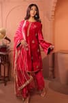 RICHA AHLUWALIA_Red Velvet, , Organza Embroidery, Hand Kurta Palazzo And Dupatta _at_Aza_Fashions