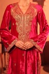 Shop_RICHA AHLUWALIA_Red Velvet, Silk, Cotton Embroidery, Zari, Gota Patti Golden Dori Suit Set 