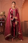 Buy_RICHA AHLUWALIA_Maroon Velvet, Silk, Cotton, Organza Embroidery, Sequins, Zari, Dori Kurta Set _at_Aza_Fashions