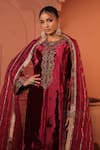 Buy_RICHA AHLUWALIA_Maroon Velvet, Silk, Cotton, Organza Embroidery, Sequins, Zari, Dori Kurta Set _Online_at_Aza_Fashions