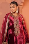 RICHA AHLUWALIA_Maroon Velvet, Silk, Cotton, Organza Embroidery, Sequins, Zari, Dori Kurta Set _at_Aza_Fashions