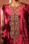 Shop_RICHA AHLUWALIA_Maroon Velvet, Silk, Cotton, Organza Embroidery, Sequins, Zari, Dori Kurta Set 