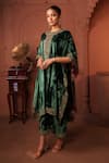 RICHA AHLUWALIA_Emerald Green Velvet, Silk Embroidery, Sequins, Zari Round Kaftan With Palazzo _Online_at_Aza_Fashions