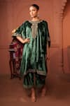 Buy_RICHA AHLUWALIA_Emerald Green Velvet, Silk Embroidery, Sequins, Zari Round Kaftan With Palazzo _at_Aza_Fashions